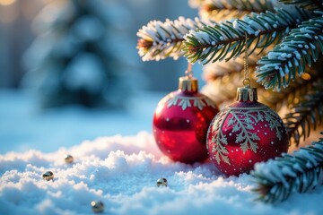 Ornate glass ornaments reflect warm white glow on icy light blue surface of frosty tree, tree, white