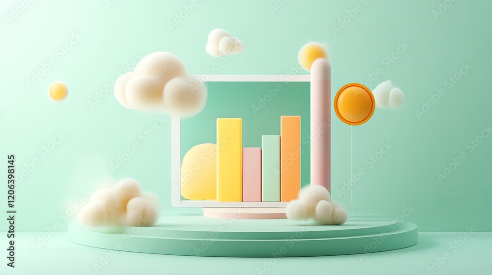 Poster Pastel Bar Graph Displayed with Fluffy Clouds and Spheres