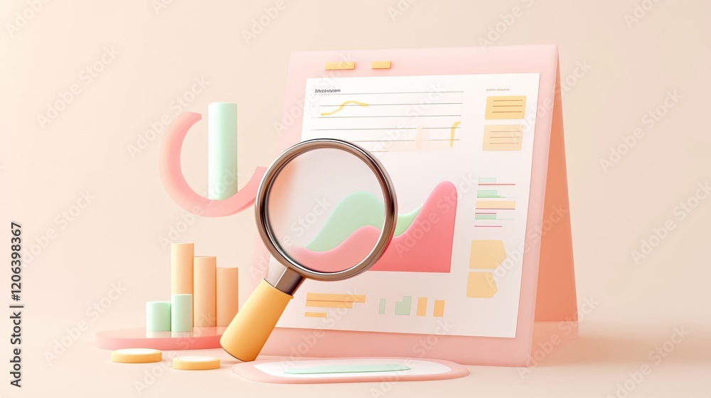 Poster magnifying glass analyzing colorful business charts data