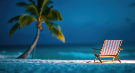 Obraz premium Relaxing beach chair at twilight. Serene ocean view with palm tree. Peaceful tropical evening scene.