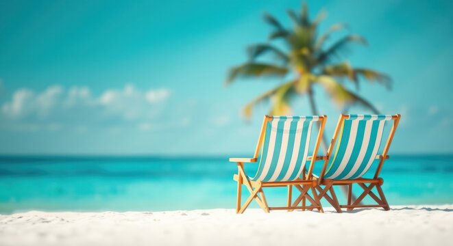 Relaxing beach chairs facing a tranquil ocean scene under a sunny sky.  Perfect for vacation dreams!