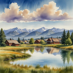 Fototapeta premium watercolor illustration of Kalispell, Montana, nestled in the Flathead Valley, with the majestic Swan Mountain Range in the distance
