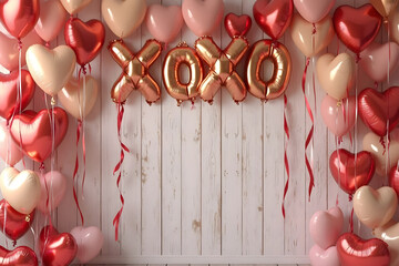 Gold and Red Heart and Ribbon ballons with Rose Xoxo for Valentine's Day Decoration