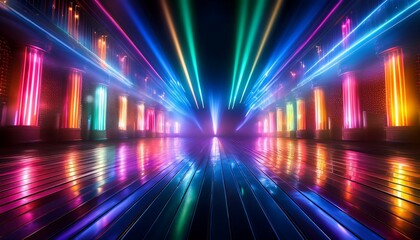 Fototapeta premium a vibrant scene showcasing a lit stage with colorful lights reflecting on a smooth surface creating an energetic atmosphere