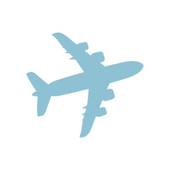Obraz premium A blue airplane flying in the sky. The airplane is the main focus of the image. The sky is clear and the airplane is the only object in the image
