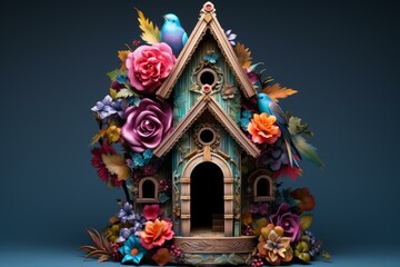 Obraz premium Colorful birdhouse decorated with flowers and two bluebirds perched on it, creating a charming and inviting scene