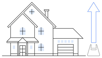 House with detailed architectural features, chimney, garage, and an upward-pointing blue arrow element. Ideal for real estate, construction, home renovation, financial growth, investment upward