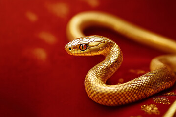 Fototapeta premium Gold snake on a red background for Chinese New Year concept