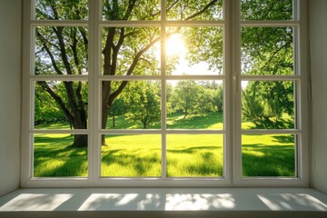 Serene view through a white multi pane window showcasing sunlit landscape and vibrant nature