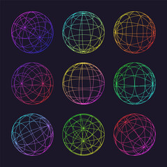 Neon wireframe shapes, lined sphere. Perspective mesh, 3d grid. Low poly geometric elements. Retro futuristic design elements, y2k, vaporwave and synthwave style. Vector illustration