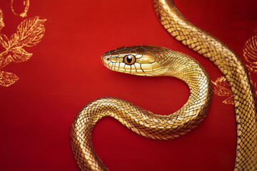 Fototapeta premium 3D gold snake on red background celebrating Chinese New Year