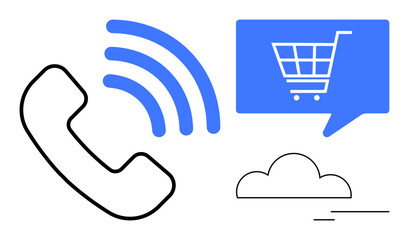Phone receiver with signal lines, speech bubble containing shopping cart, and cloud icon. Ideal for ecommerce, customer service, online shopping, retail, communication, technology, marketing. Line