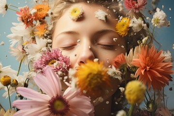 Naklejka premium Blonde woman with closed eyes surrounded by colorful flowers, enjoying the beauty of nature and spring season