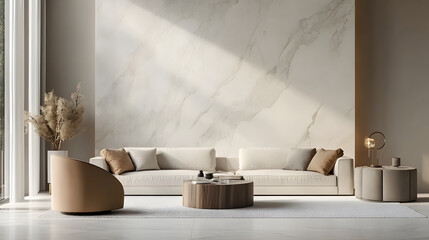 Contemporary room with marble walls and stylish decor.