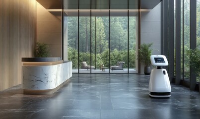 Modern Hotel Lobby with Autonomous Service Robot