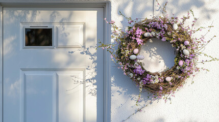 Bright easter wreath of pastel spring flowers and eggs on a sunlit door