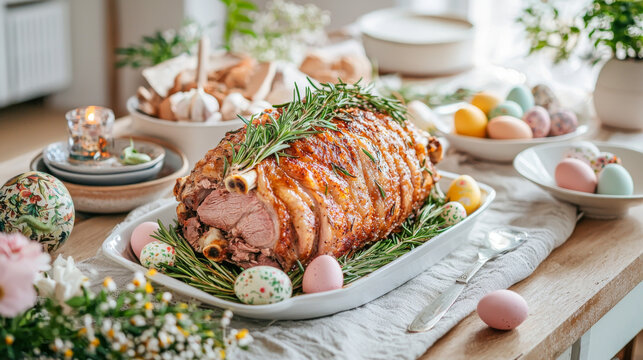 Festive easter table with roasted ham and colorful eggs - celebratory spring dining