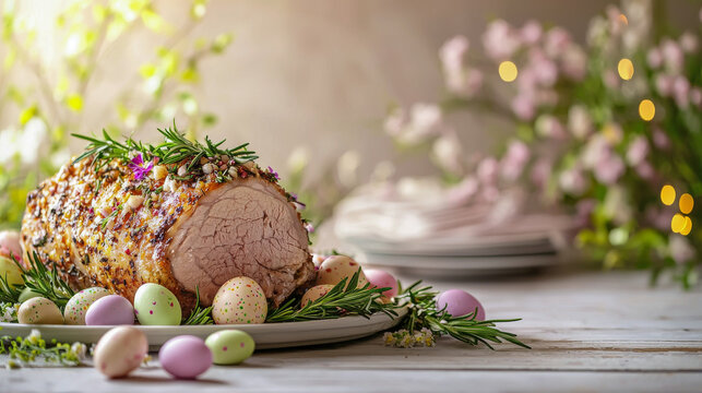 Festive easter table setting with seasoned roast and colorful eggs, concept of celebration, family gatherings, spring decor