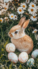 Brown bunny nestled in green grass surrounded by daisies and colorful easter eggs. Vertical