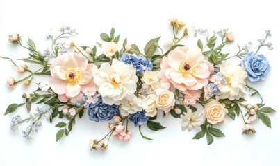 Floral arrangement with pink, white, blue, and clear yellow flowers on a white background