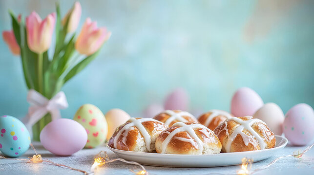 Charming easter breakfast table with tulips and hot cross buns, festive spring delight and holiday spirit. Copy space
