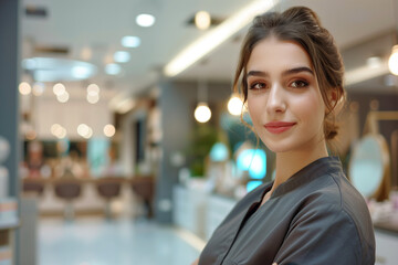 Naklejka premium Photographic portrait of a professional beautician from Turkey, with the beauty center in the background.