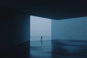 A solitary figure walks towards a distant horizon within a minimalist, blue-toned architectural space.