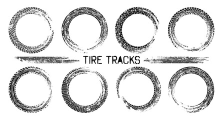 Grunge circle tire tracks, wheel braking marks. Truck, car or motorcycle tread pattern silhouettes. Auto race, motorsport, speed racing design element. Vector illustration