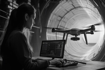 A woman operates a drone, monitoring its flight path on a computer screen in a large industrial setting.