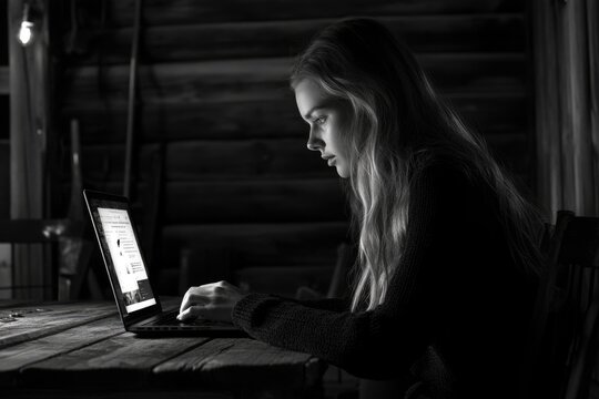 Young woman sits in dimly lit rustic cabin, intently working on her laptop.