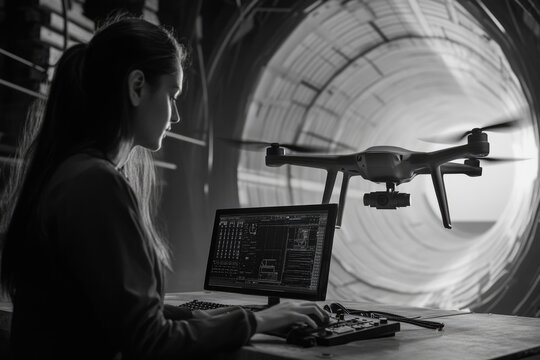 A woman operates a drone, monitoring its flight path on a computer screen in a large industrial setting.
