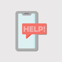 A cellphone icon displaying a red speech bubble with HELP message on gray background