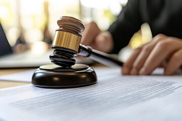 Close up of a gavel placed on legal paperwork, symbolizing justice, law, and decision-making in a professional courtroom setting.