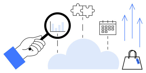 Hand holding magnifying glass over bar graph, connected to cloud with puzzle pieces, calendar, arrows, shopping bag. Ideal for data analysis, strategy, teamwork, productivity growth planning