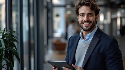 Fototapeta premium Smiling businessman in a modern office hallway holding a tablet, dressed in formal attire, exuding confidence and approachability.