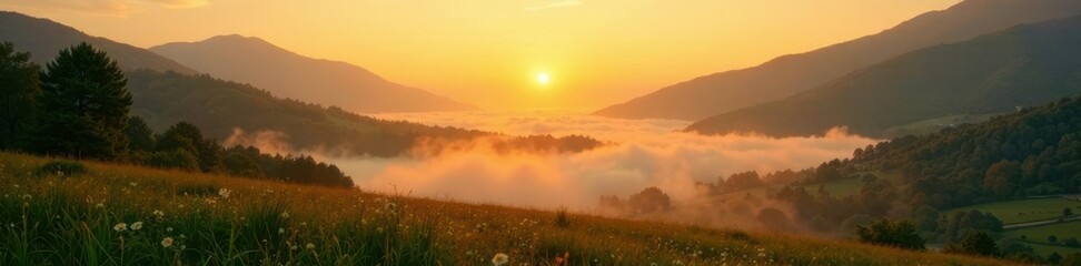 Soft golden light filters through misty valley, peaceful, sunrise