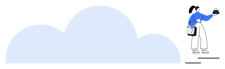 Person with ponytail holding small cloud model and laptop, emphasizing cloud computing. Ideal for technology, innovation, futuristic concepts, data storage, remote access, internet services, abstract