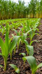 cultivated corn field, earth day concept, plants in the ground, green world, young plants germinates in fresh soil, with white tones