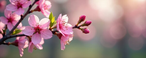 Obraz premium Spring branch with delicate pink blossoms and tiny green leaves, blossoms, flowers