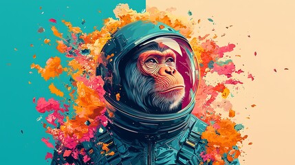 Chimpanzee astronaut, colorful splash, space exploration, digital art, poster