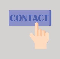 A finger presses a blue rectangular button labeled CONTACT on a gray background
