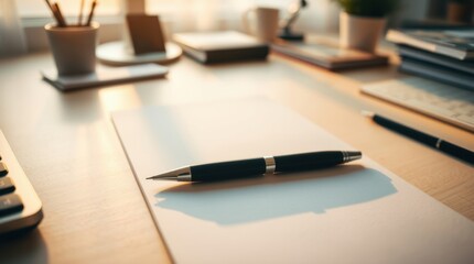 Pen and paper on a desk bathed in warm sunlight.  A peaceful workspace ready for ideas and productivity.