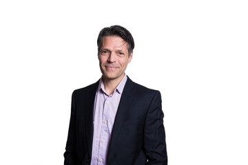 Middle-aged man smiling at the camera, on white background, wearing formal clothes.