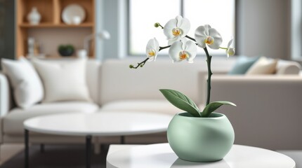 White orchid in a mint green pot, sitting on a side table in a modern living room.  The serene atmosphere is enhanced by soft light and neutral colors.
