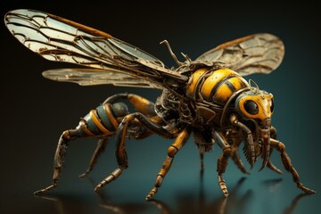 Fototapeta premium Mechanical robotic wasp showing gears and wires, standing on a reflective surface, with a futuristic cyberpunk style