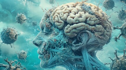 A decaying human head consumed by viral cells