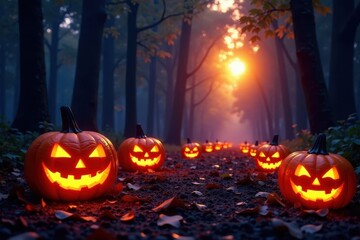 Glowing jack o lanterns surround a dimly lit forest, forest, glow