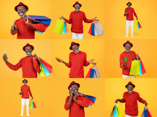 A joyful person in a red outfit showcases a collection of colorful shopping bags while enjoying a successful shopping spree. Excitement is captured through phone calls and happy expressions.