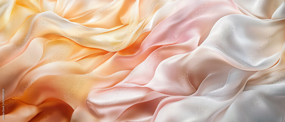 Poster soft silk fabric draped in gentle waves of cream, peach, and blush colors creating an elegant textur