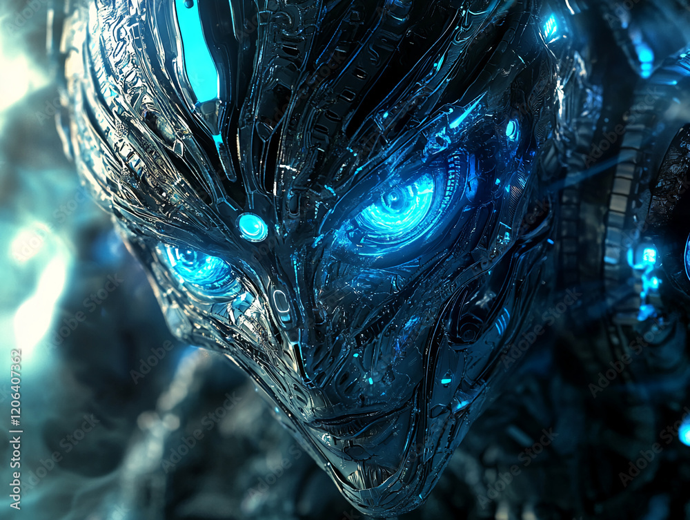 Poster futuristic robotic creature with illuminated blue features in a digital landscape